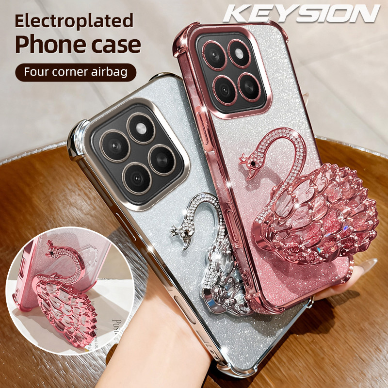 Ốp Điện Thoại TPU Mạ Chống Sốc KEYSION Cho HONOR X8c X8b X8A Lấp Lánh Ngọc Thiên Nga Chân Đế Ốp Lưng