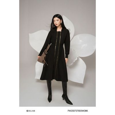 Đầm dạ đen xòe khóa đồng trước thiết kế Elise mã FW2507370DIWOBK