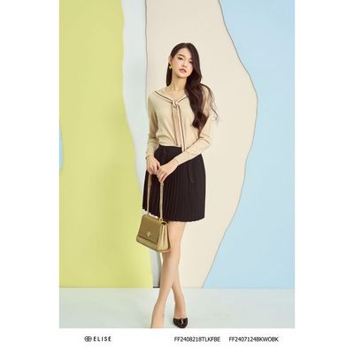 Jupe đen ngắn dập ly cạp phối dây dệt thiết kế Elise FF2407124BKWOBK