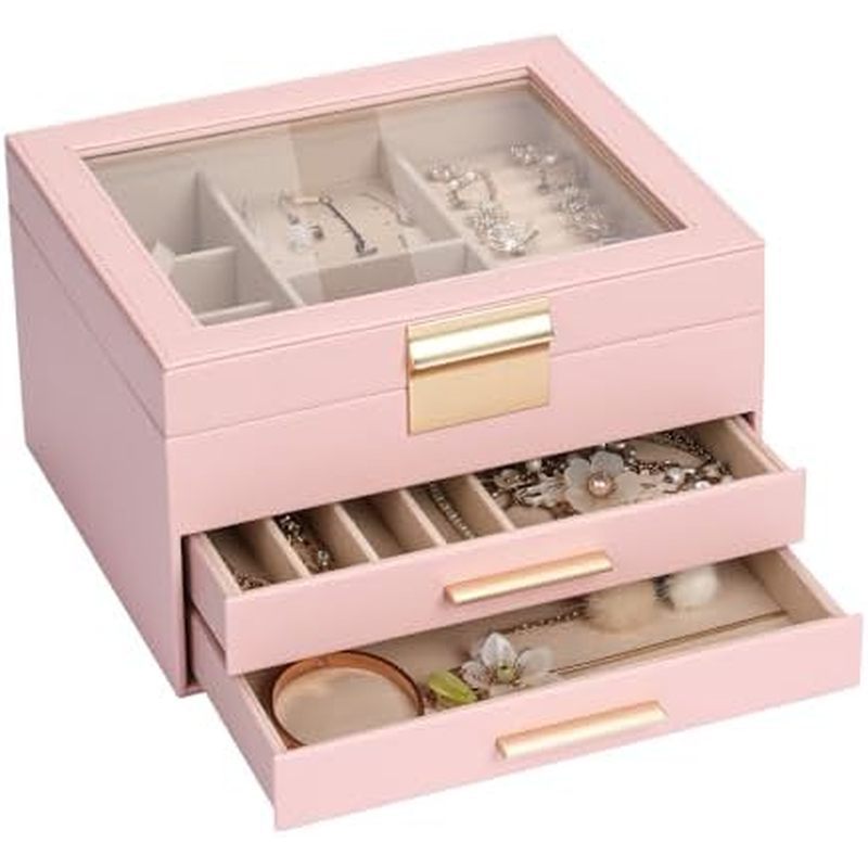 Jewelry Box for Women, 3-Layer Jewelry Box, Jewelry Organizer with Clear Glass Lid and Drawers, Jewe