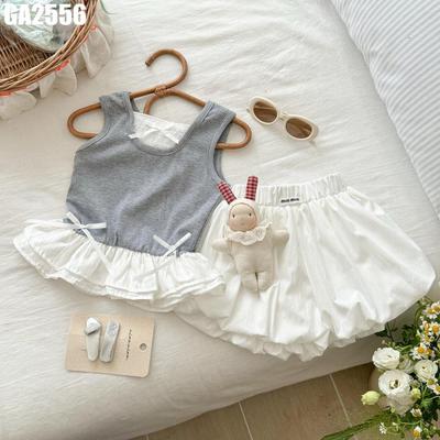 Set Đồ Bộ Bé Gái Áo Sát Nách Thun Tăm Viền Bèo Phối Quần Bí Phồng Xinh Xắn MINTSCLOSET GA2556