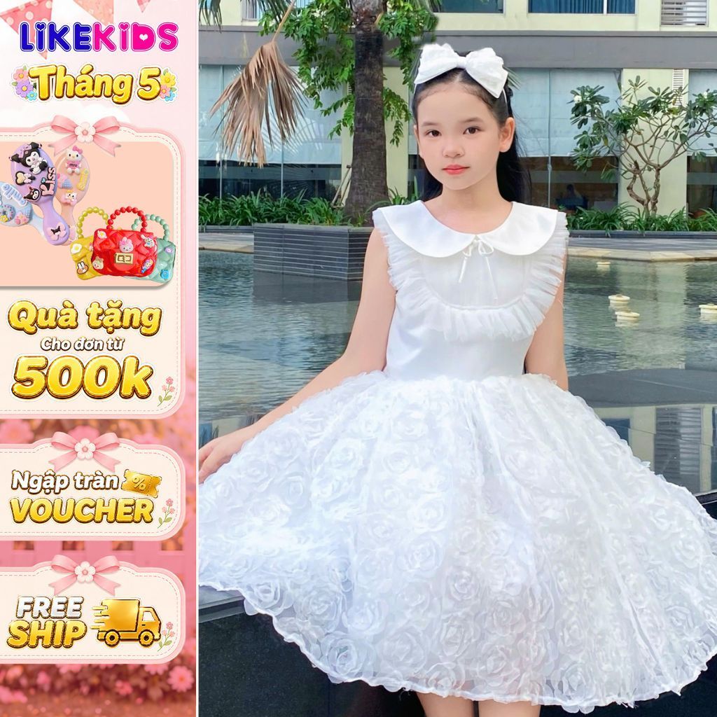 Đầm công chúa bé gái trắng cổ tròn phối viền bèo, chân váy hoa nổi 3D xòe phồng mặc tiệc sang trọng 