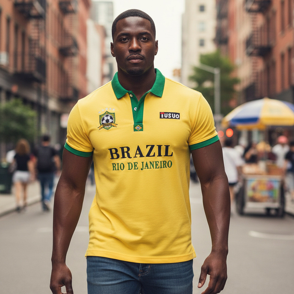 Mới Brazil Bóng Đá Cotton Thêu Lớn Áo polo Nam Brazil Bóng Đá
