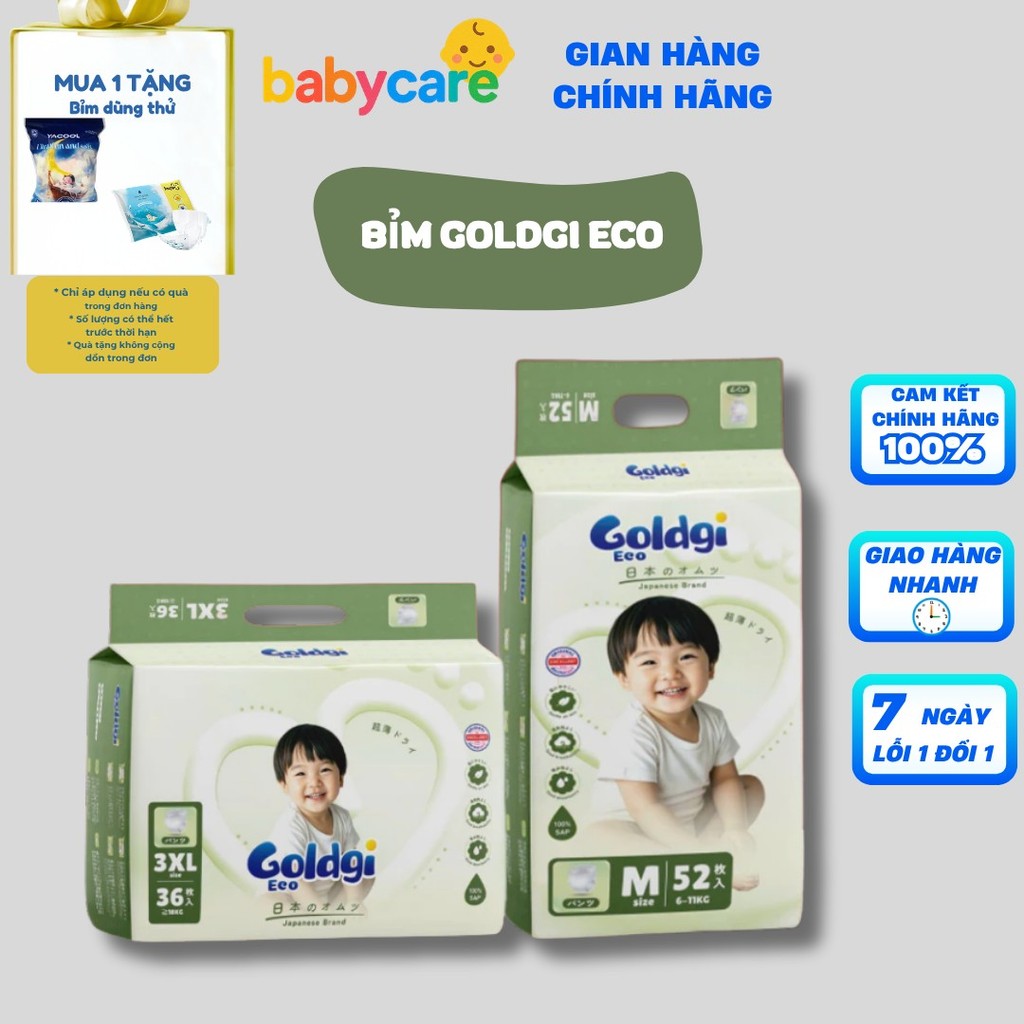 Tã/Bỉm Goldgi Eco Mẫu Mới Hàng Ngày Siêu Mềm, Thấm Hút Tốt, Khô Thoáng Tiết Kiệm Cho Bé (Đủ Size)