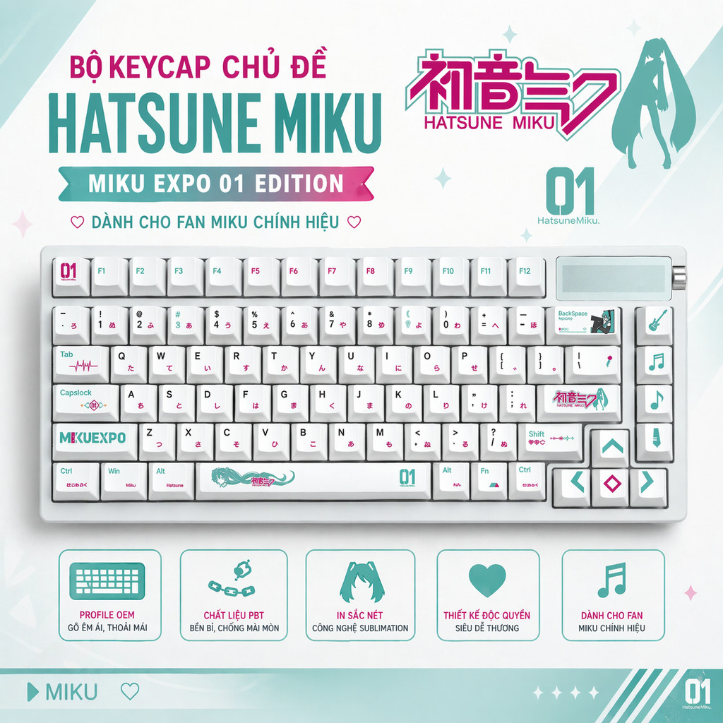 Keycap PBT Hatsune Miku Cao Cấp - Keycap Cơ Profile OEM Dye-Sub - Tương Thích Magnetic Switch & Cher