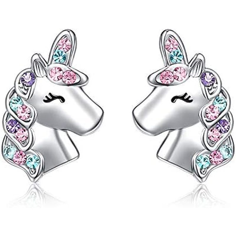 UNGENT THEM Silver Unicorn Stud Earrings for Little Girls Hypoallergenic CZ Lovely Gifts Daughter Bi