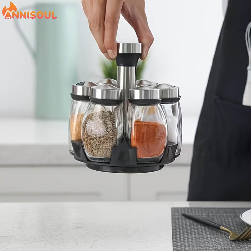 [NISO]Rotating Spice Rack Three Shaker Types Lead-free Glass Jars Seasoning Organizer