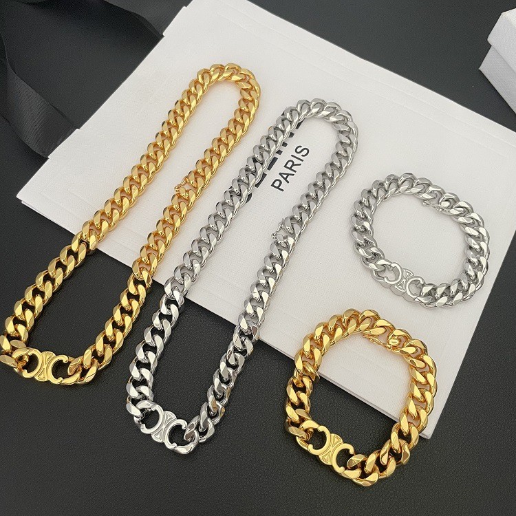 Necklace and bracelet, fashionable brass gold-plated Cuban thick chain, simple and unique collarbone