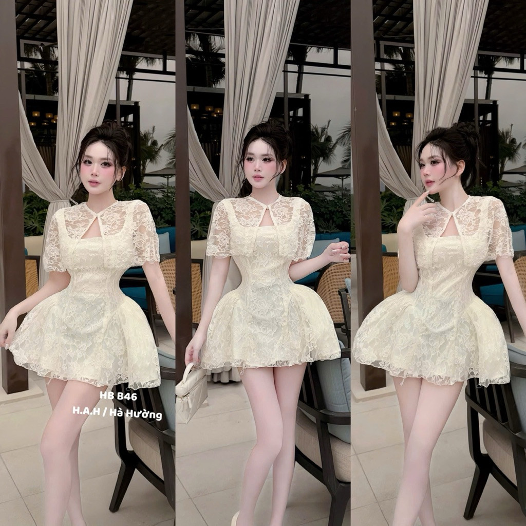 SÉT ĐẦM REN FORM XOÈ , ÁO CHOÀNG BYJOLIE