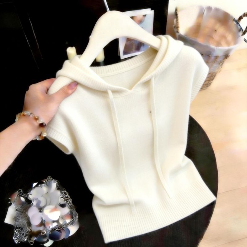 Áo Len Nữ Sense Short Sleeve với Hoodie và Dây Rút Phong Cách Pit Strip