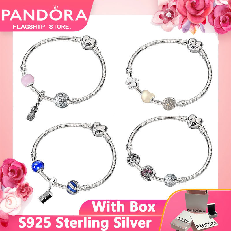 Pandora Bạc 925 Chính Hãng - Bộ Dây Chuyền và Vòng Tay trong Hộp Trái Tim