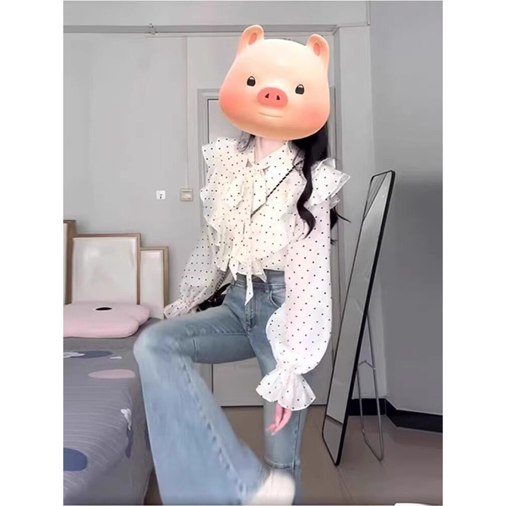 đồ kiểu áo bayby doll Áo sơ mi voan chấm bi kiểu Pháp áo dài tay sang trọng độc đáo cảm giác cao cấp