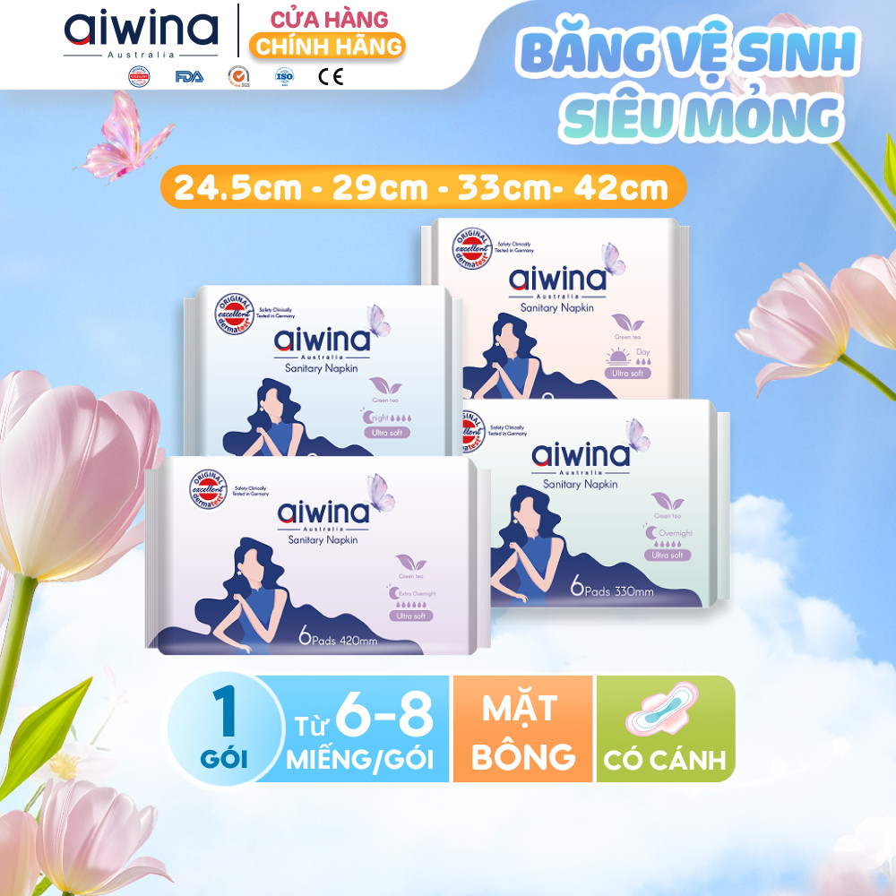 Băng Vệ Sinh Aiwina Siêu Mềm Ban Ngày 24.5cm, Ban Đêm 29cm/33cm/42cm