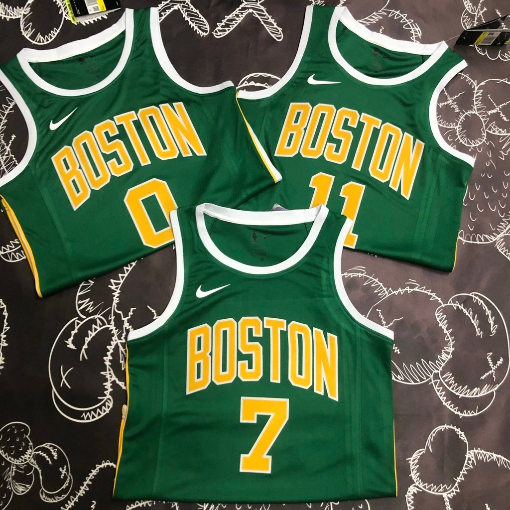 Nike NBA Celtics Vàng Xanh Phiên Bản Retro SW Hot-Pressed Jersey Nhanh Khô Thoáng Khí Jersey Irving 