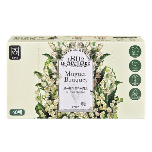 Le Chatelain 1802 Dryer Sheet Fabric Softener Muguet Bouquet Full Size, 1 Pack, 40 Sheets