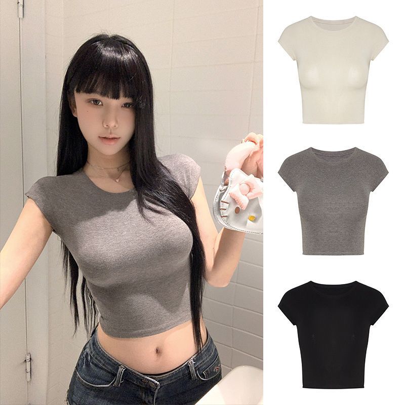 Moses Queen / Moses Queen Crop Short Top Hot Girl Slim Bay Tay Cổ Tròn Tay Ngắn 4.214.21