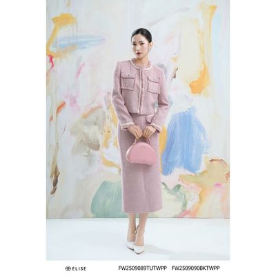 Chân váy tweed hồng tua rua túi xẻ sau thiết kế Elise FW2509090BKTWPP