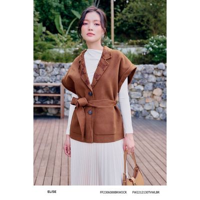 Gile dạ lông cừu nâu túi ốp thiết kế Elise FW2212130TVWLBR
