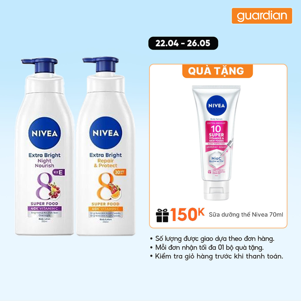 Combo Sữa Dưỡng Thể Night White Nivea 350Ml & Sữa Dưỡng Thể Giúp Dưỡng Sáng & Chống Nắng Nivea 350ml