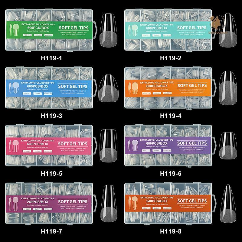 [PE] 240 / 600 Chiếc Đầu Móng Tay Quan Tài Ngắn Nửa Mờ Đầu Giả Full Cover Gel Mềm Hình Quan Tài Acry