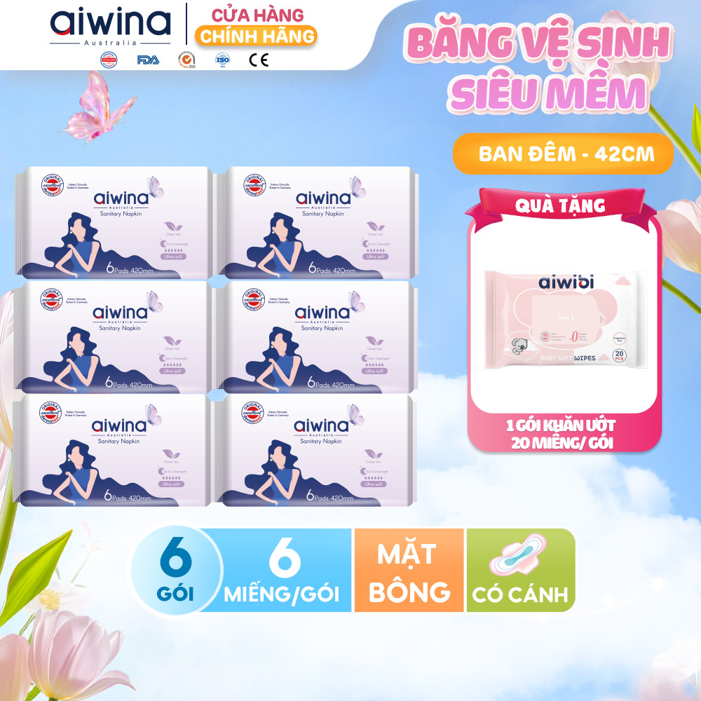 Combo 6 Băng vệ sinh Aiwina siêu mềm ban đêm 42cm gói 6 miếng