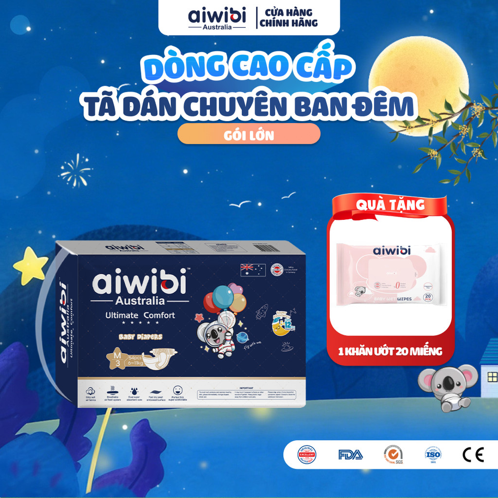 Tã/Bỉm Dán Cao Cấp Aiwibi Chuyên Ban Đêm Ultimate Comfort - Gói Lớn S/M/L