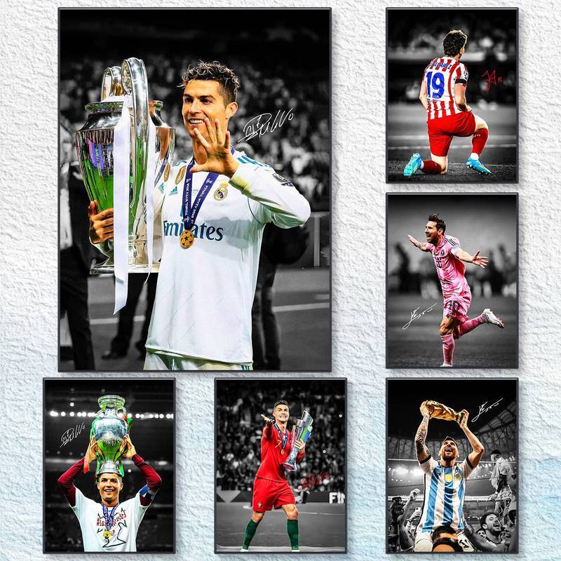 Ngôi sao bóng đá Messi Ronaldo Nghệ thuật treo tường Khung vải chống thấm nước Trang trí phòng ngủ