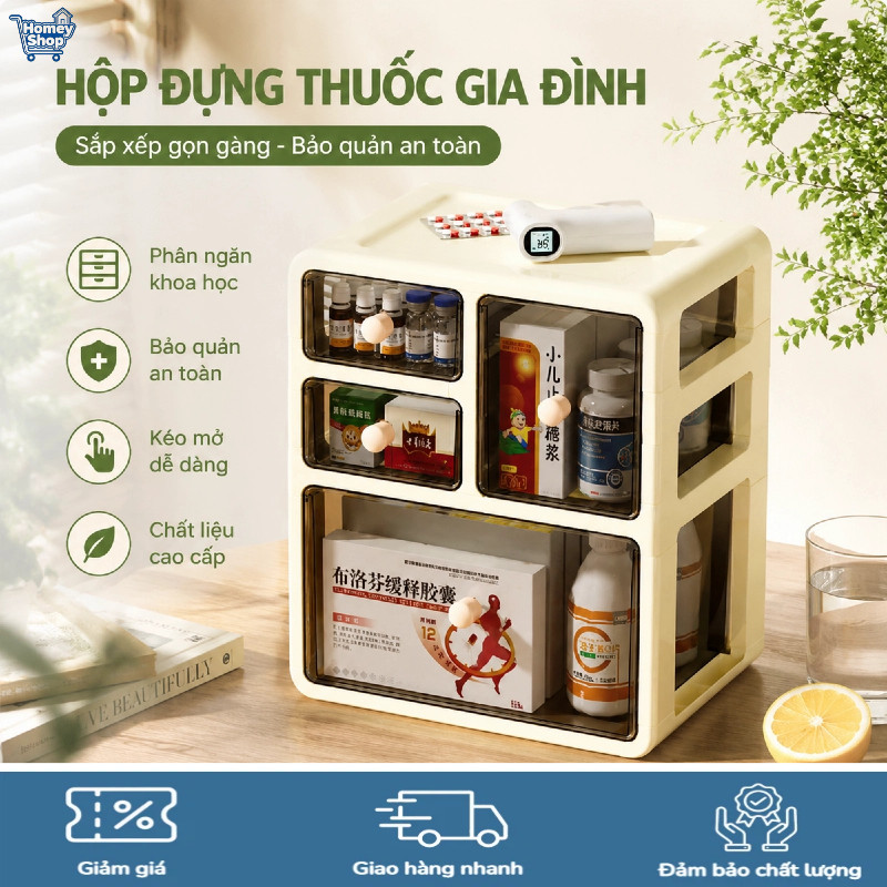 HomeyShop-Tủ thuốc y tế gia đình để bàn,hộp sơ cứu chia ngăn chống bụi ẩm, chất liệu PP cao cấp bền 