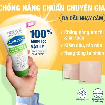 Kem Chống Nắng Dưỡng Ẩm 2in1 Cetaphil Daily Defense Cream SPF50 Cho Da Dầu Nhạy Cảm 50g