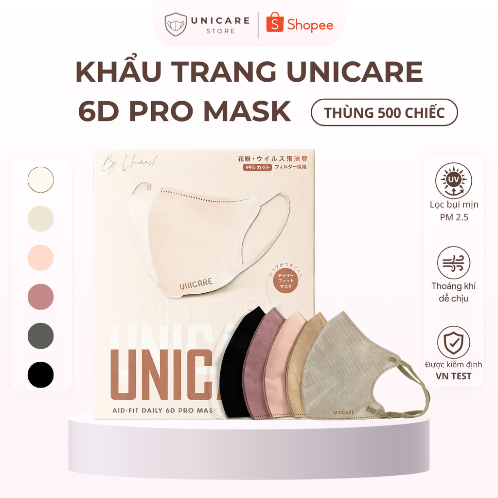 Sỉ Thùng 500 chiếc Khẩu trang 6D UNICARE, Khẩu Trang 3 Lớp Kháng Khuẩn, Kháng Bụi, Chính Hãng Công T
