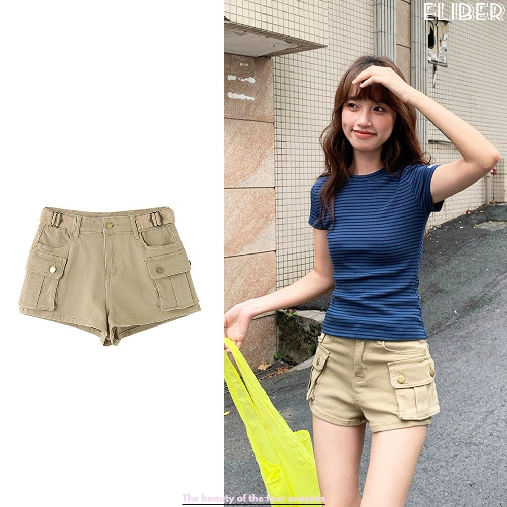 ELIBER- Khaki Denim Shorts Jeans Cargo Pocket High Waist A Line Retro Korean Hot Girl Summer 370