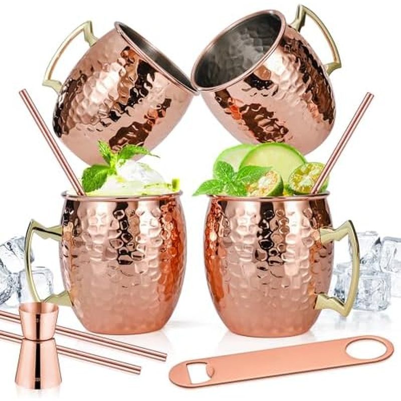 Amrules Moscow Mule Mugs Set of 4, 16 OZ Hammered Copper Cups with 304 Stainless Steel Lining and Go