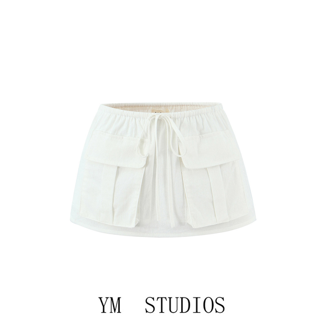Châu Âu Châu Âu Mỹ Nữ Bảo Hộ Lao Động Phong Cách Preppy Túi Trắng Co Giãn Eo Váy Mini Chân Dài Váy M
