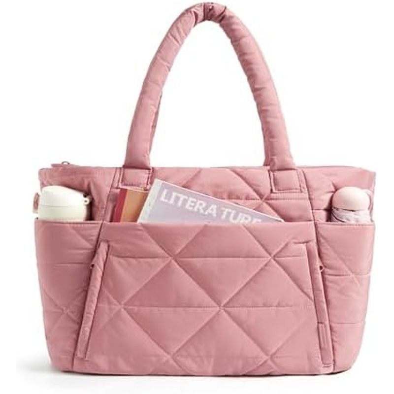 BAGSMART Tote Bag for Women, Puffer Tote Bag with Zipper, Large Quilted Shoulder Bag with Compartmen