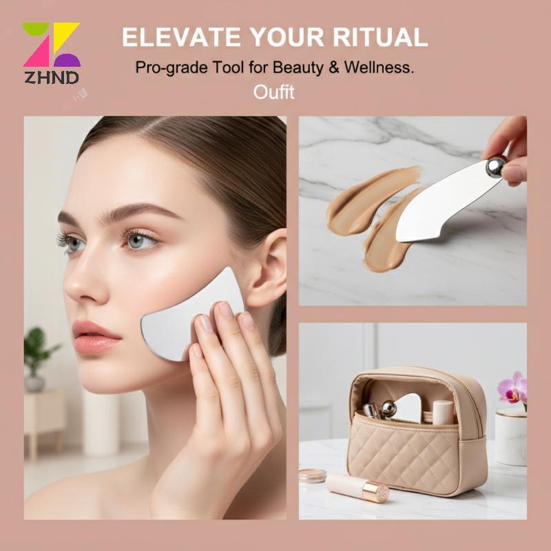 Zhuzhengde Thép không gỉ Guasha Cạp Với Túi Da Pu Thìa Kim Loại Máy Mát Xa Mặt Làm Đẹp Da Mặt Dụng C