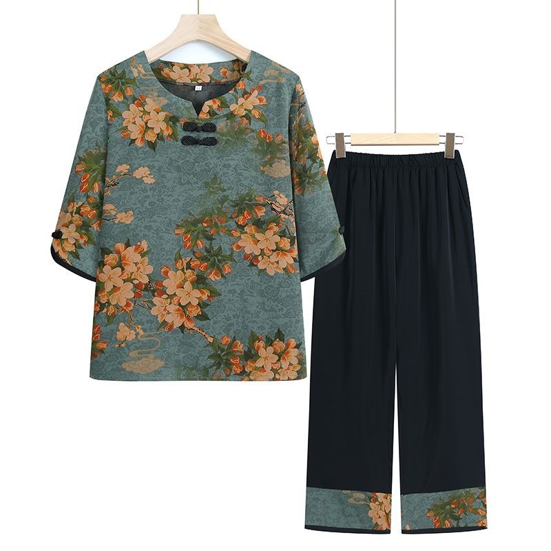 Quần áo mẹ người cao tuổi trung niên Plus Size 70 tuổi Bộ đồ bà già + Quần bà già Quần áo mẹ người c
