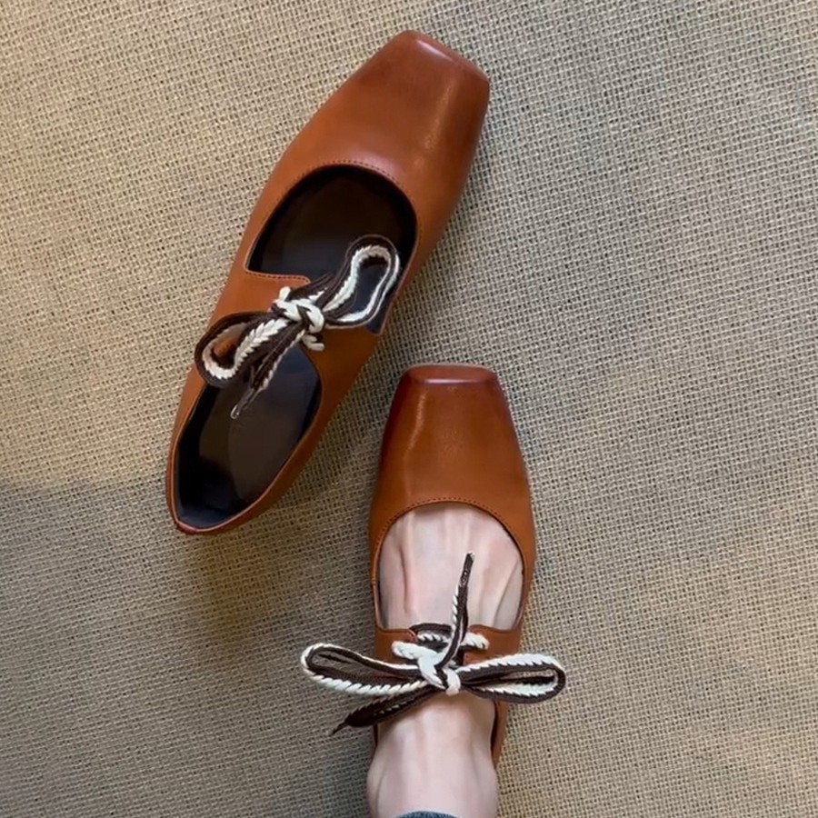 Sheepskin Version~Square-toed retro lace-up ballet shoes for women, artistic Mary Jane leather shoes
