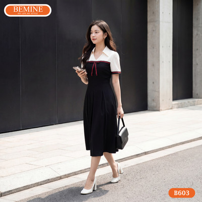 Đầm thiết kế BEMINE cổ sơ mi phối viền nơ dáng chữ A phù hợp đi làm-B603