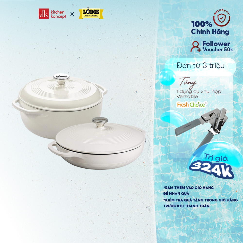 Nồi gang phủ men Lodge màu trắng - 3.4L/5.6L