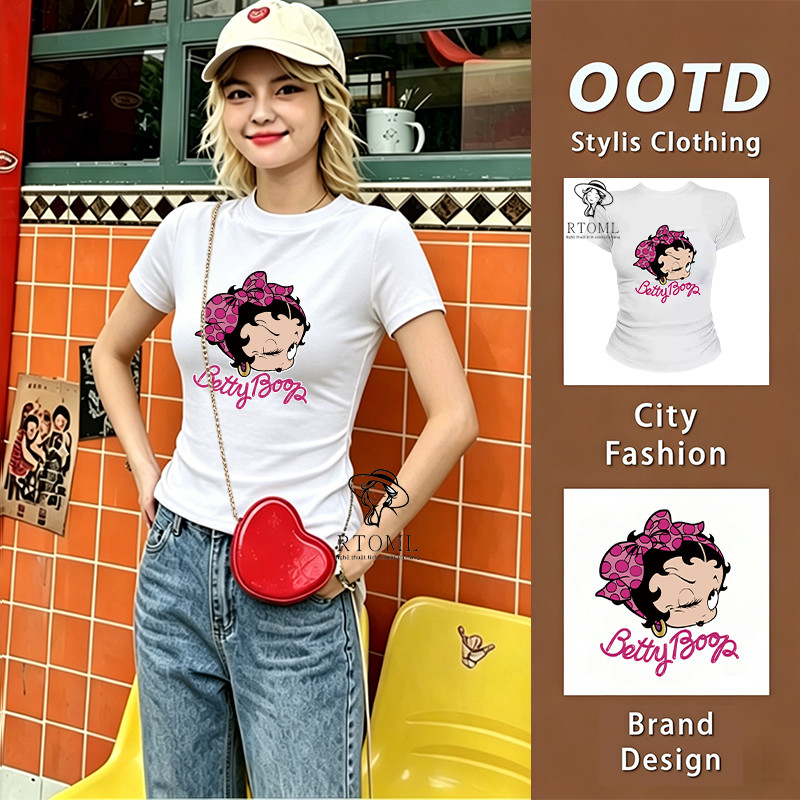 COD✅RTOML Áo thun nữ Cotton Mềm Mịn Form ôm Dáng Chất Betty Boop Trắng / Women's T-shirt Slim Fit Be