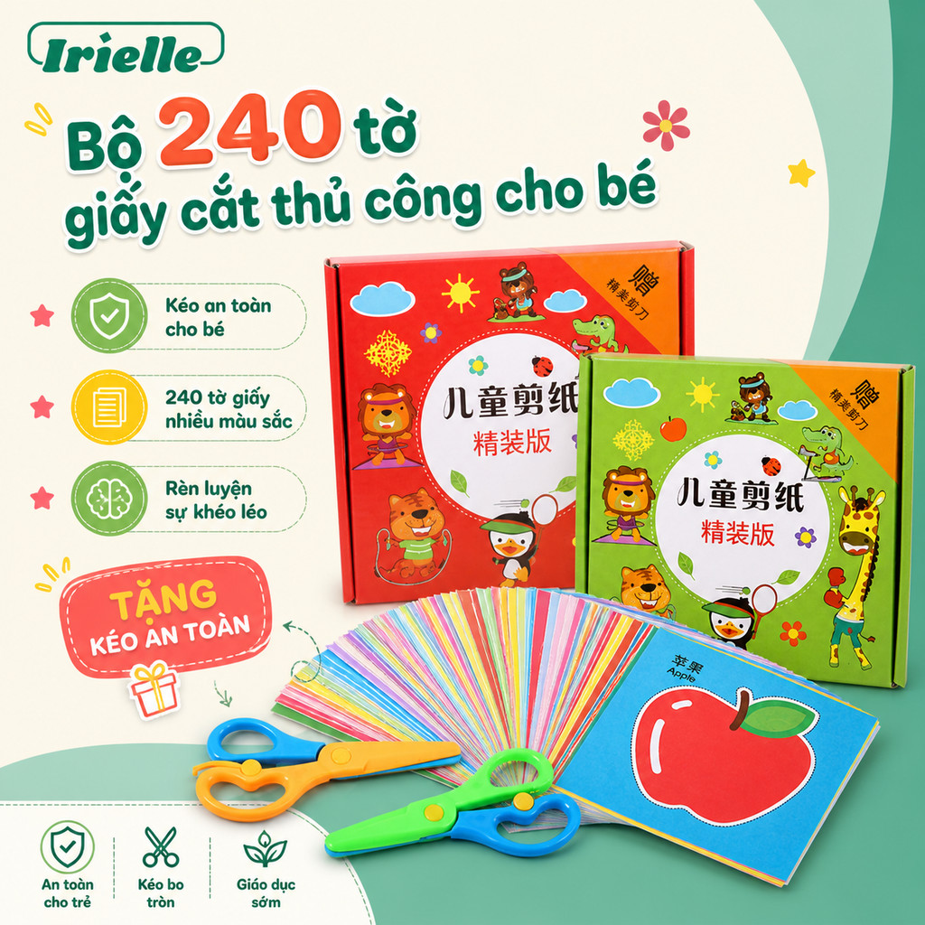 Irielle (Kèm Kéo An Toàn) Bộ 240 Tờ In Màu Song Ngữ, 240 Tờ Cắt Dán Giấy Thủ Công Cho Bé Rèn Khéo Ta