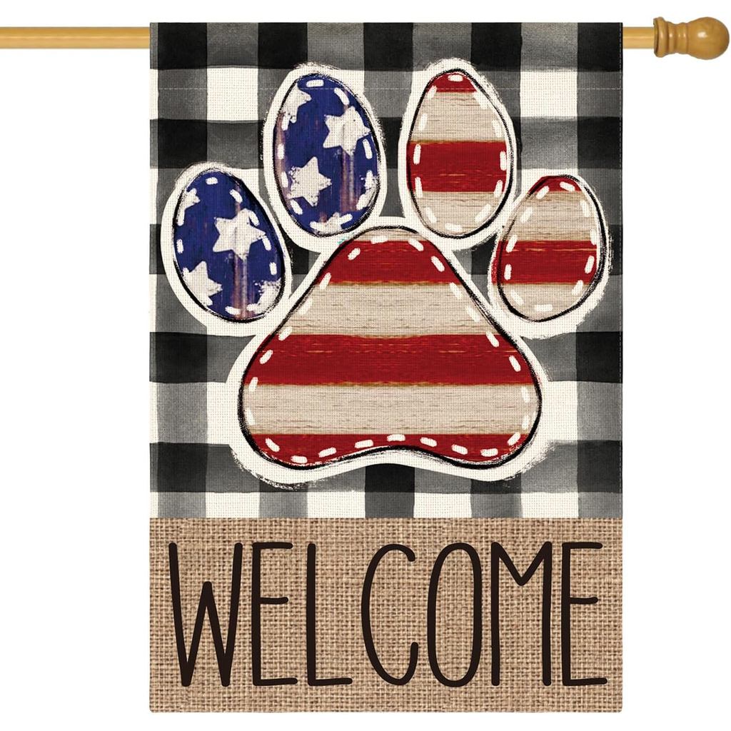 AVOIN colorlife Cờ Mỹ Paw Print Yêu Nước 4th of July House Flag 28x40 Inch Hai Mặt Bên Ngoài, Chào M