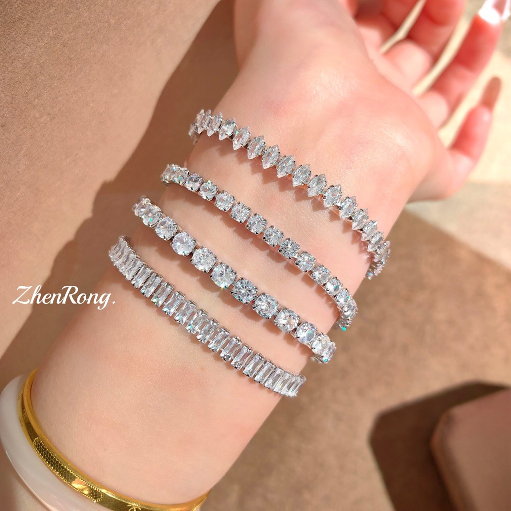 Đơn giản Châu Âu Mỹ Hip-Hop Zircon Tennis Chain Row Diamond Bracelet Nam Nữ