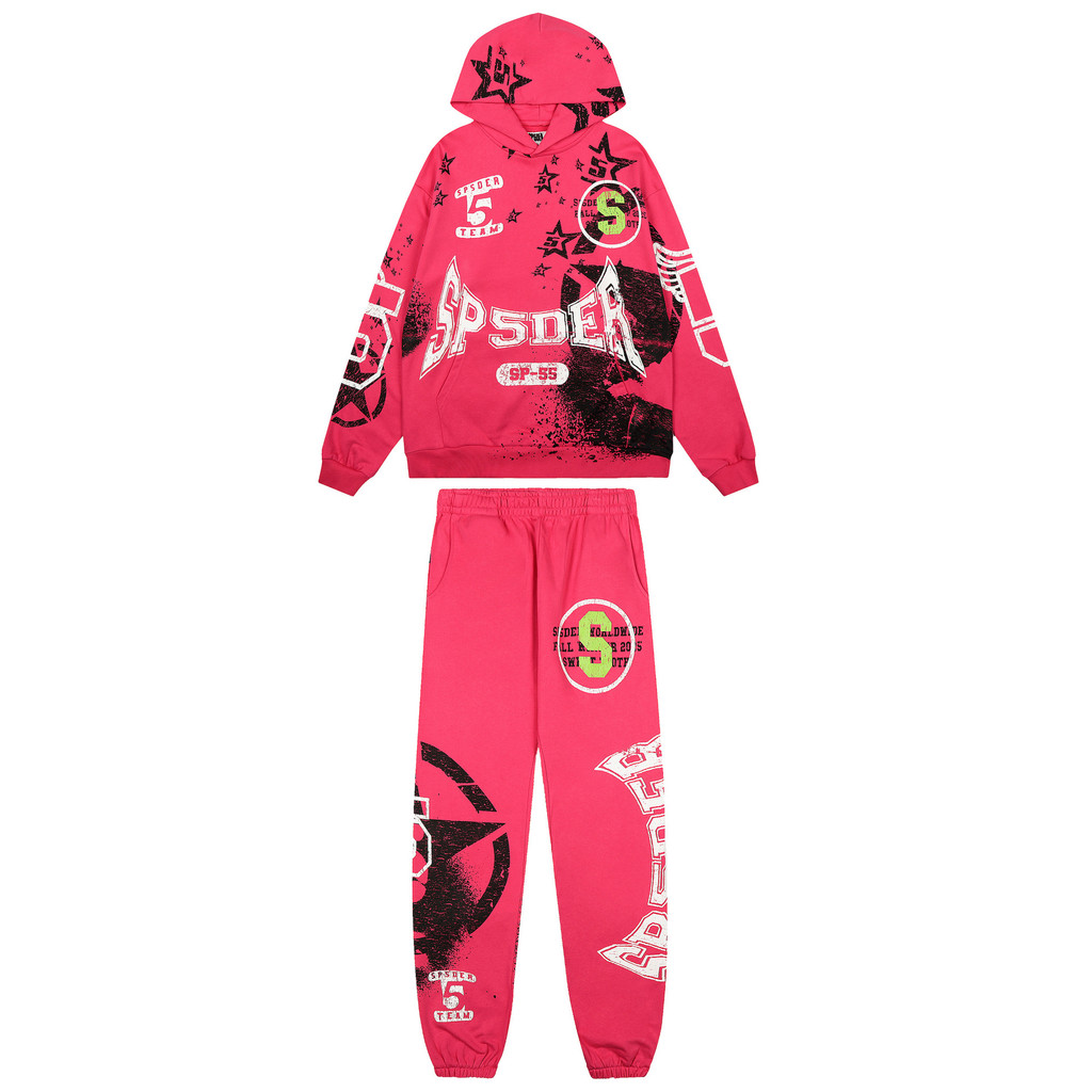 Hàng sẵn có Sp5der Inkjet Ngôi sao năm cánh Áo nỉ Áo Hoodie Quần legging Quần phong cách mới Bộ đồ