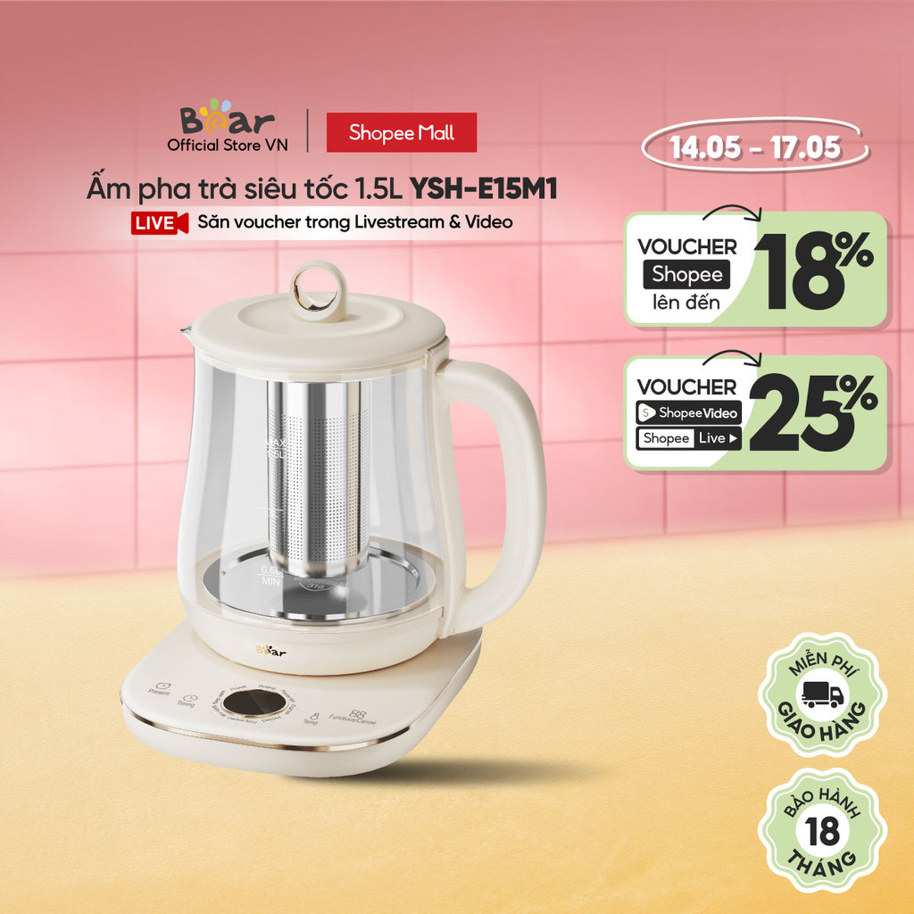 Ấm Đun Pha Trà 1.5L Siêu Tốc Bear YSH-E15M1 - Hàng Chính Hãng