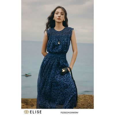 Đầm voan tím than họa tiết báo nhún eo thiết kế Elise FS2502241DXWONV