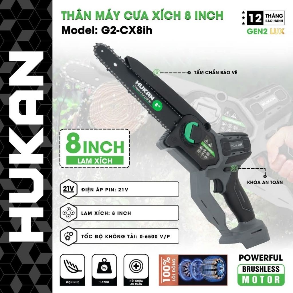 Thân Máy Cưa Xích Pin Hukan G2-CX8ih Động Cơ Không Chổi Than Chân Pin Phổ Thông Bảo Hành 6 Tháng- HU