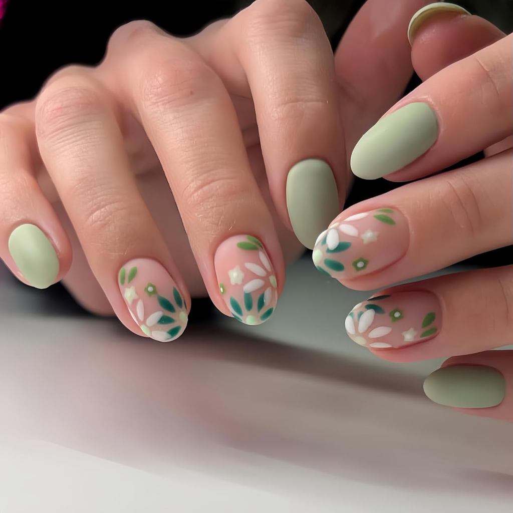 Matte Green Press on Nails Medium Oval Móng tay giả Spring Nails Press ons với thiết kế hoa dễ thươn