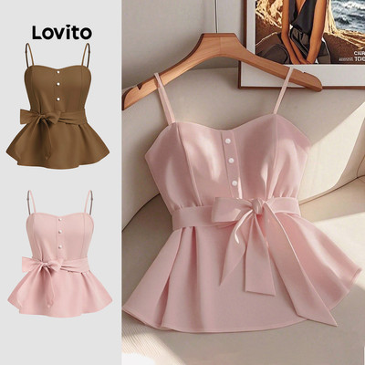Áo Lovito Phong cách thường ngày buộc dây có nút phía trước mùa xuân/hè màu hồng cho nữ L150ED614