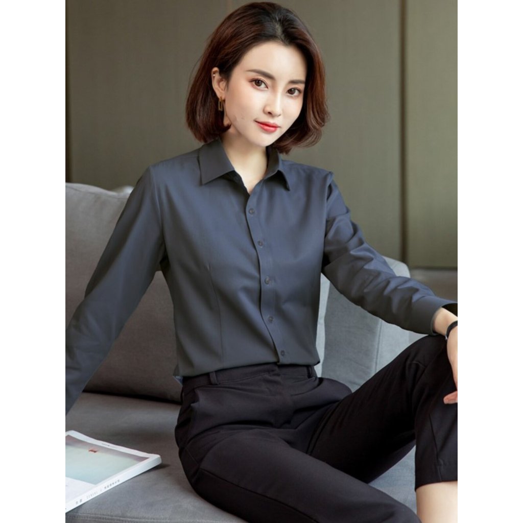 áo 1 bên vai áo bayby doll Áo sơ mi công sở giản dị dài tay màu xám